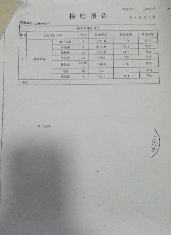 庐丰羽绒白鸭绒检验报告